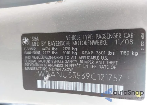 2009 BMW 528I z USA, uszkodzony, nr VIN WBANU53539C121757